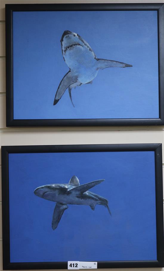 Amanda Webster, pair of acrylics on board, Blue Shark, TAG label verso, 30 x 40cm